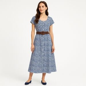 Vintage Norm Thompson Linen A line dress, blue/cream, women's medium NWOT